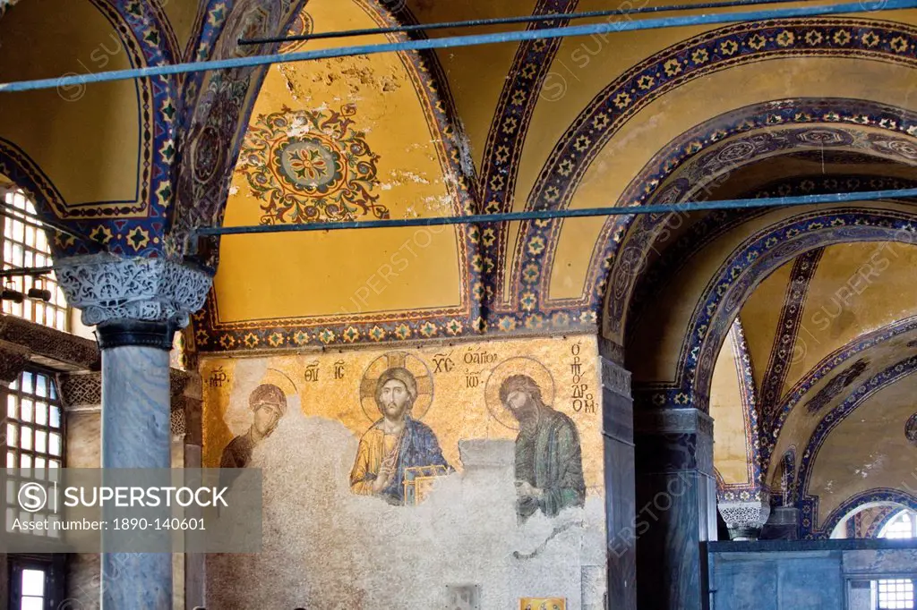 The Deesis Mosaic, depicting Christ Pantrocrator flanked by the Virgin Mary and St. John the Baptist, dating from the Restoration of Constantinople in...