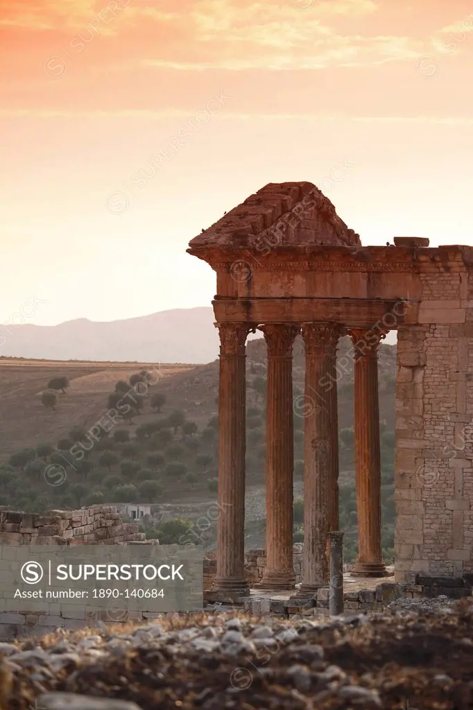 The Capitol at sunset in the Roman ruins, Dougga Archaeological Site, UNESCO World Heritage Site, Tunisia, North Africa, Africa