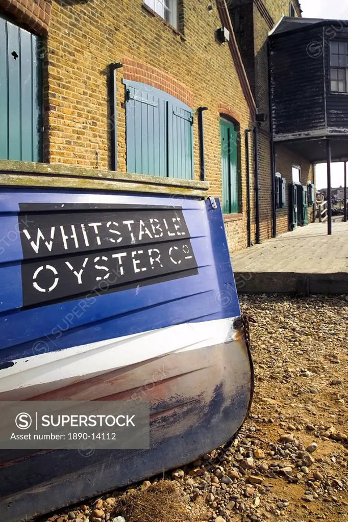 Oyster boat outside the oyster stores on the seafront, Whitstable, Kent, England, United Kingdom, Europe