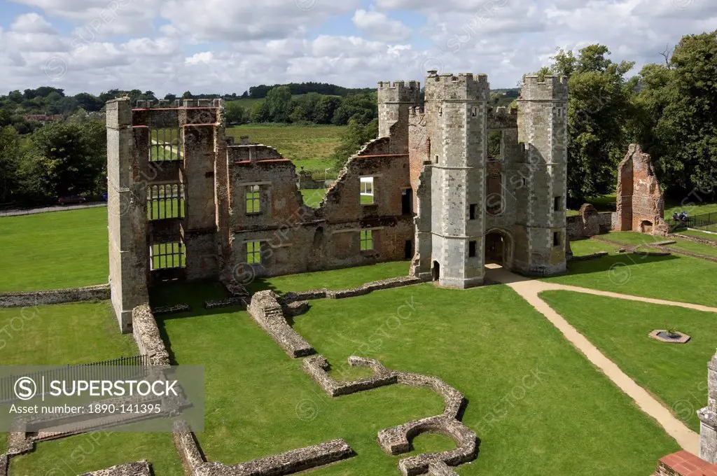 The inner courtyard and gate tower of the 16th century Tudor Cowdray Castle, Midhurst, West Sussex, England, United Kingdom, Europe
