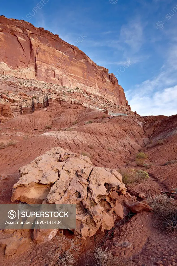 Red rock cliffs and badlands, Capitol Reef National Park, Utah, United States of America, North America