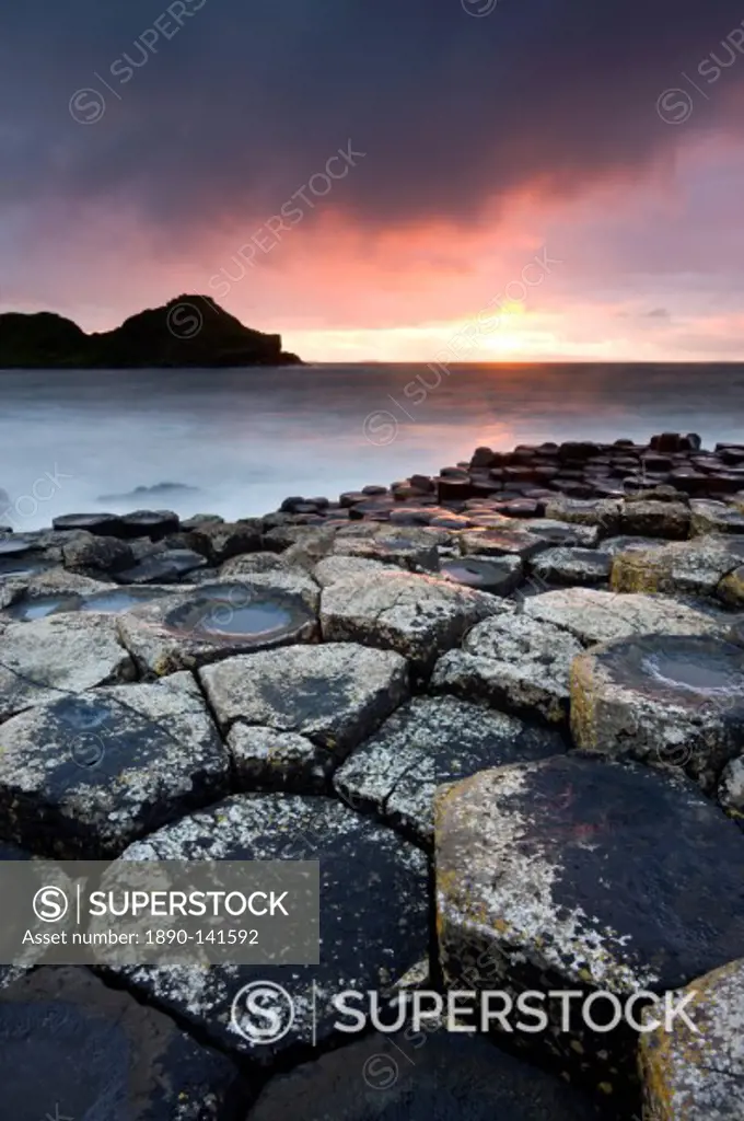 Sunset on the Giants Causeway, UNESCO World Heritage Site, County Antrim, Northern Ireland, United Kingdom, Europe