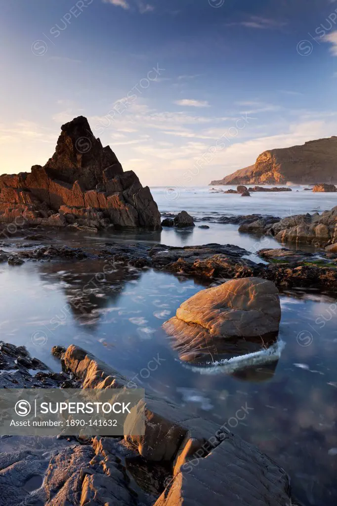Rockpools and jagged rocks at Duckpool beach in North Cornwall, England, United Kingdom, Europe