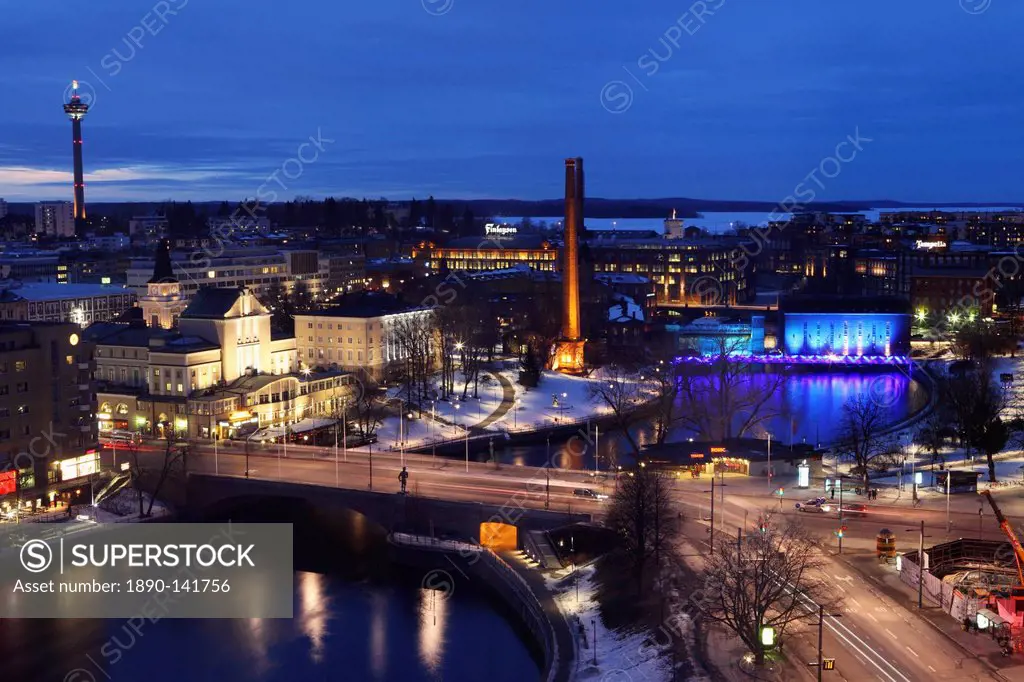 River Tammerkoski runs through the city centre, past the Finlayson Complex, night time in Tampere, Pirkanmaa, Finland, Scandinavia, Europe
