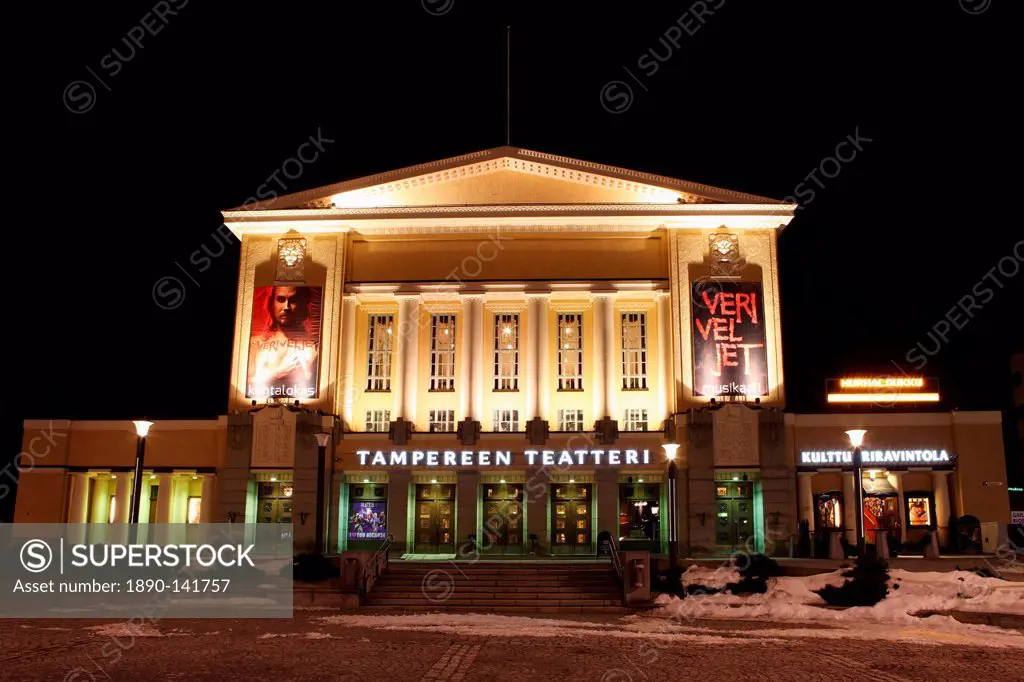 Facade of Tampere´s Theatre Tampereen Teatteri on the Central Square Keskustori, at night, in Tampere, Pirkanmaa, Finland, Scandinavia, Europe