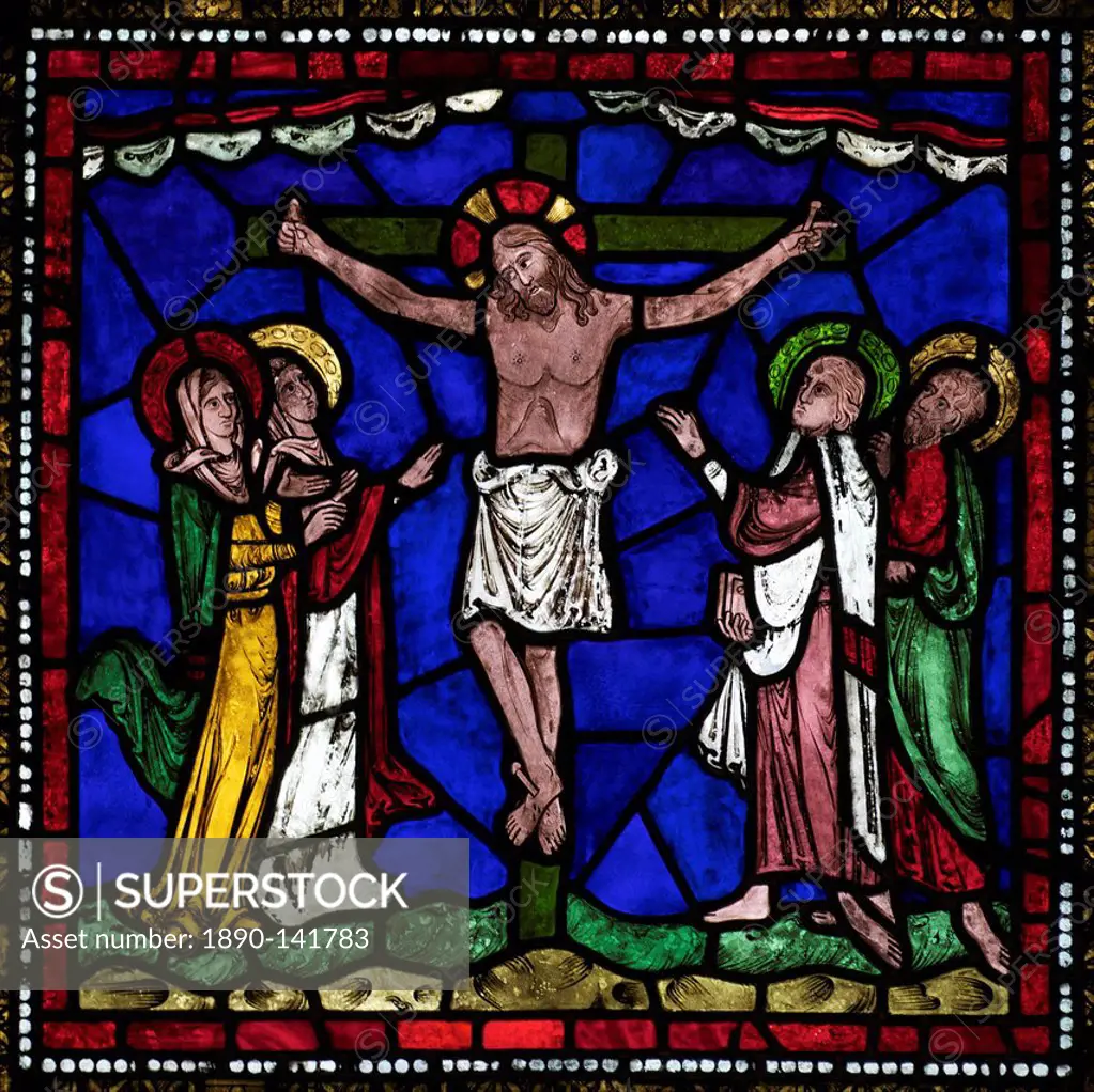 Medieval stained glass of The Crucifixion, Corona Redemption Window, East End, Corona I, Canterbury Cathedral, UNESCO World Heritage Site, Canterbury,...