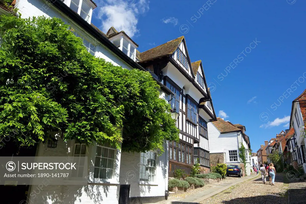 Mermaid Street in summer sunshine, Rye, East Sussex, England, United Kingdom, Europe