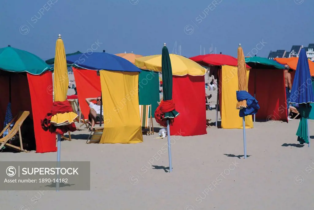 Multi_coloured beach tents and umbrellas, Deauville, Calvados, Normandy, France, Europe