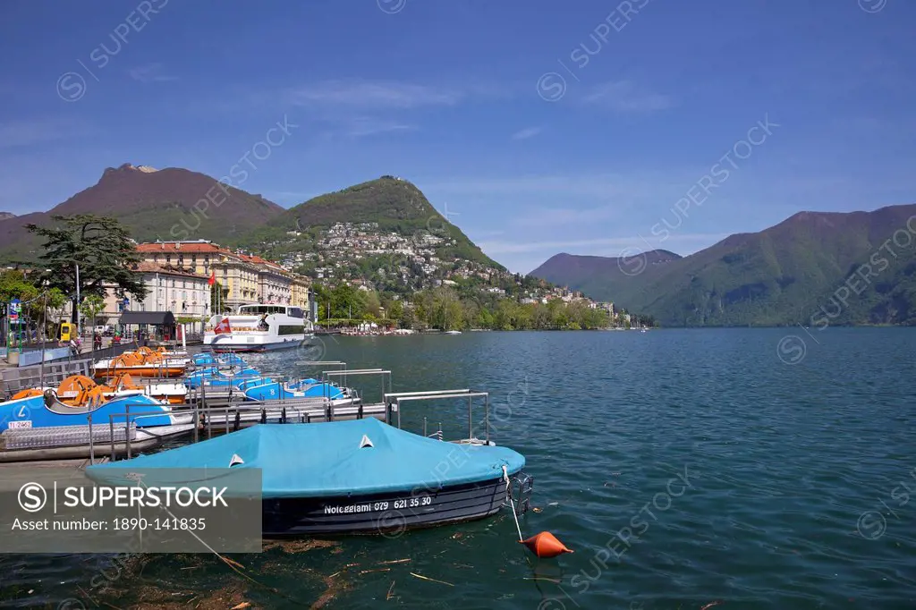 Lakeside in sunshine, city of Lugano, Lake Lugano, Ticino, Switzerland, Europe