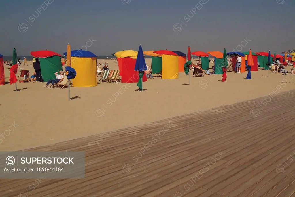 La planche boardwalk and beach, Deauville, Calvados, Normandy, France, Europe