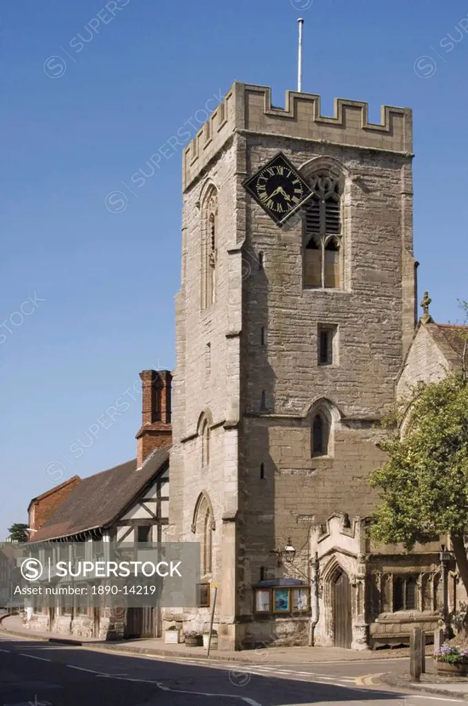 Medieval Tudor guildhall and church of St. John the Baptist, High Street, Henley in Arden, Warwickshire, Midlands, England, United Kingdom, Europe
