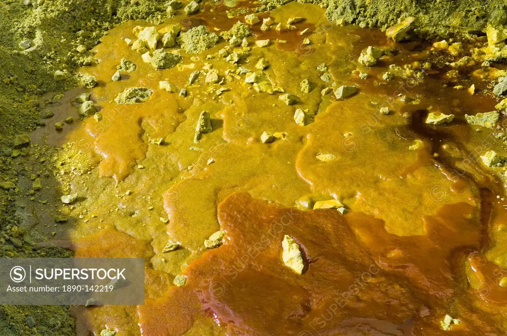 Liquid sulphur solidifying on the ground at Kawah Ijen, Java, Indonesia, Southeast Asia, Asia