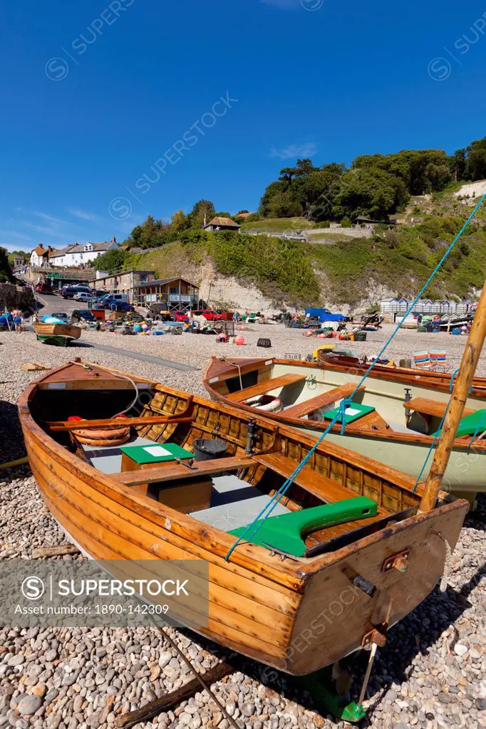 Small fishing boats on the pebble beach, Beer, a small fishing village on the Devon Heritage Coast, Jurassic Coast, UNESCO World Heritage Site, Devon,...