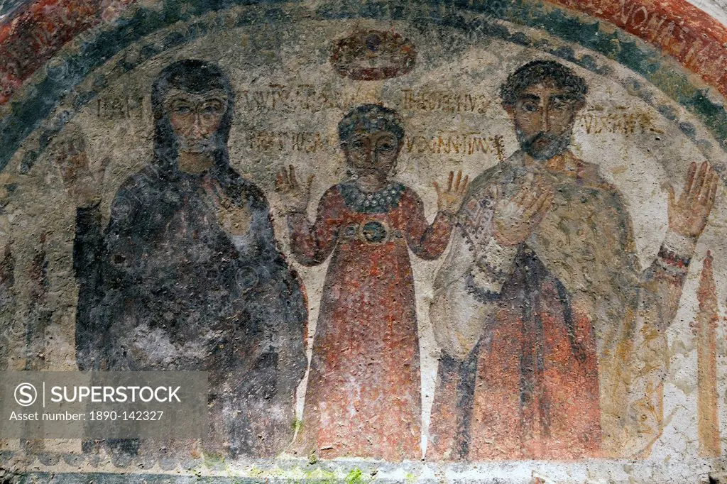 The earliest representation of San Gennaro St. Januarius, patron saint of Naples, in the catacombs of San Gennaro, Naples, Campania, Italy, Europe