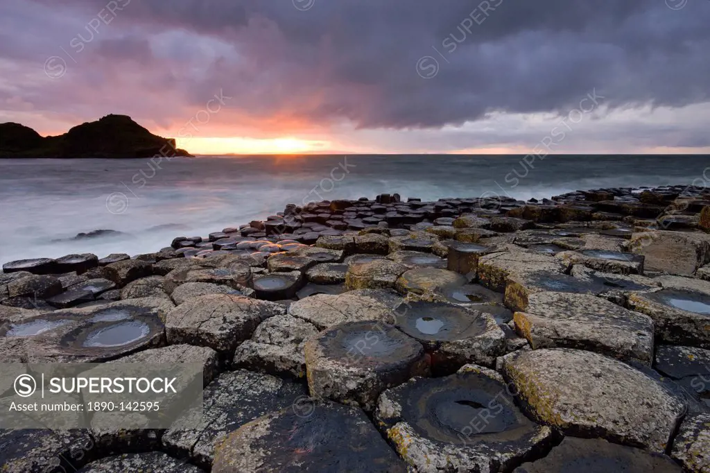 Sunset over the Giants Causeway, UNESCO World Heritage Site, County Antrim, Northern Ireland, United Kingdom, Europe
