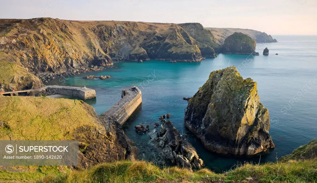 Mullion Cove and harbour from the clifftops, Cornwall, England, United Kingdom, Europe