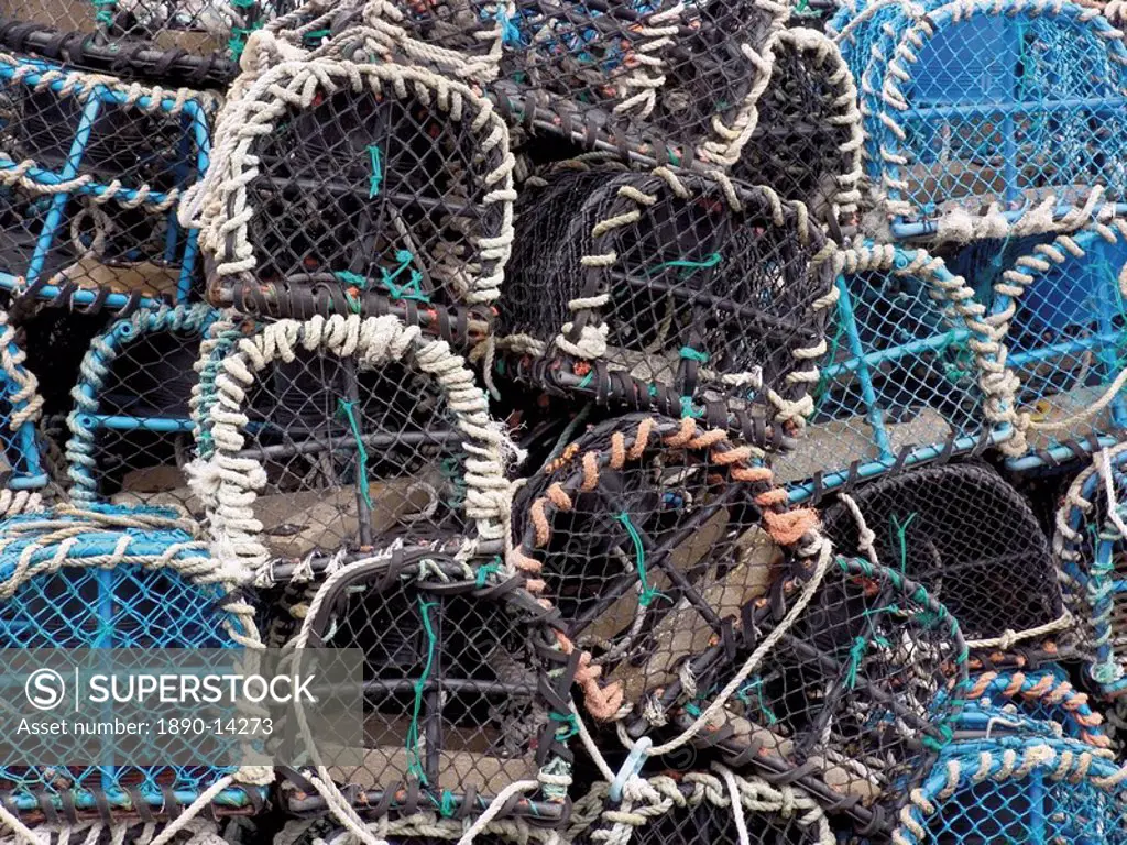 Lobster pots in the fishing harbour at Loguivy, Cote de Granit Rose, Cotes d´Armor, Brittany, France, Europe