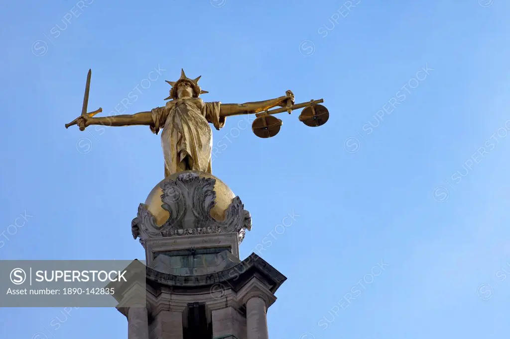 Statue of Lady Justice with sword, scales and blindfold, Old Bailey, Central Criminal Court, London, England, United Kingdom, Europe