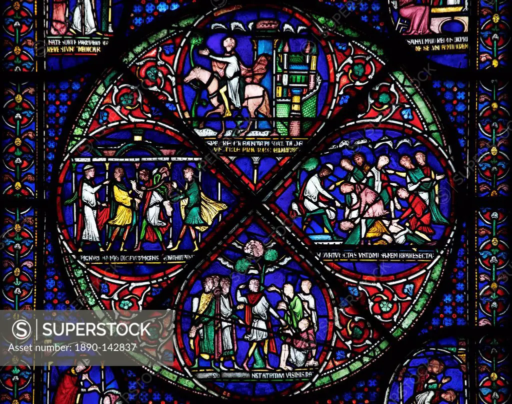 Medieval stained glass depicting the Cure of Eilward of Westoning, Becket Miracle Window 5, Trinity Chapel Ambulatory, Canterbury Cathedral, UNESCO Wo...