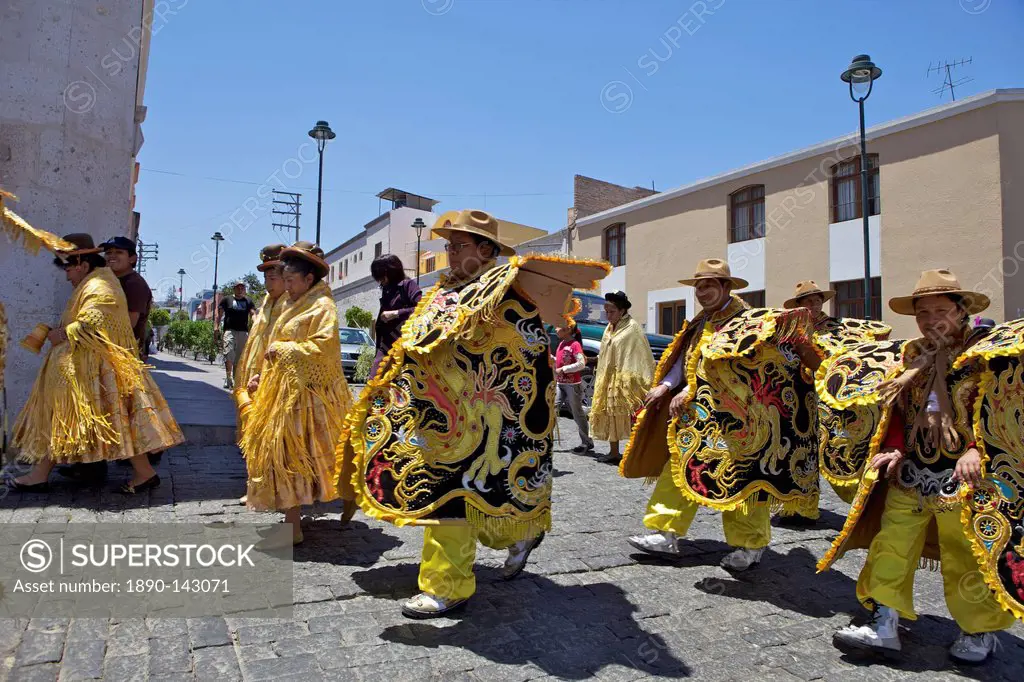 Wedding procession with traditionally dressed Peruvians, Arequipa, peru, peruvian, south america, south american, latin america, latin american South ...