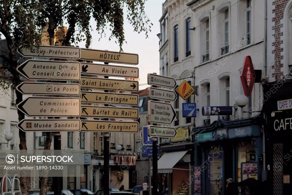 Signs in town centre, St. Omer, Pas de Calais, France, Europe