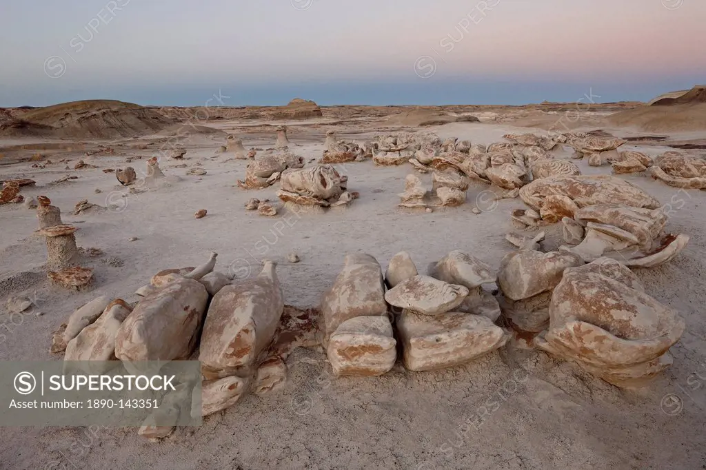 Rocks at the Egg Factory at dusk, Bisti Wilderness, New Mexico, United States of America, North America