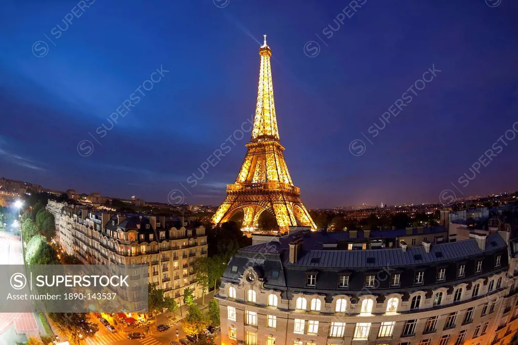 Eiffel Tower, viewed over rooftops, Paris, France, Europe
