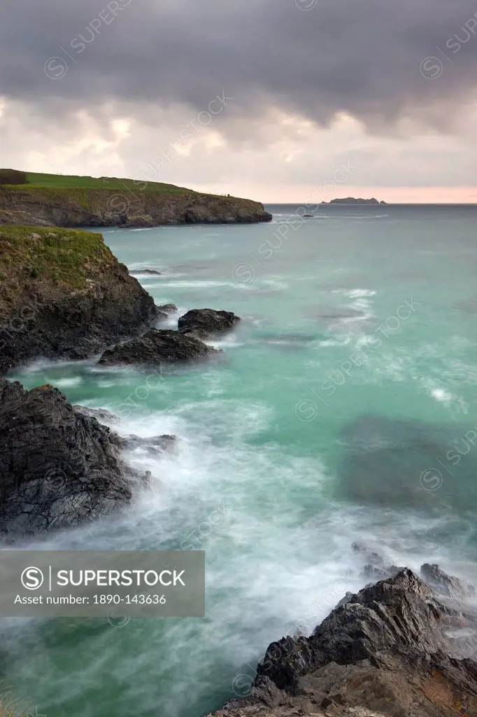 Gulland Rock on the horizon from the cliffs above Harlyn Bay, North Cornwall, England, United Kingdom, Europe