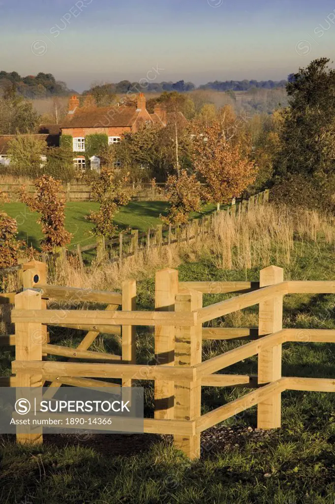 New wooden kissing gate, Heart of England Way footpath, Tanworth in Arden, Warwickshire, England, United Kingdom, Europe