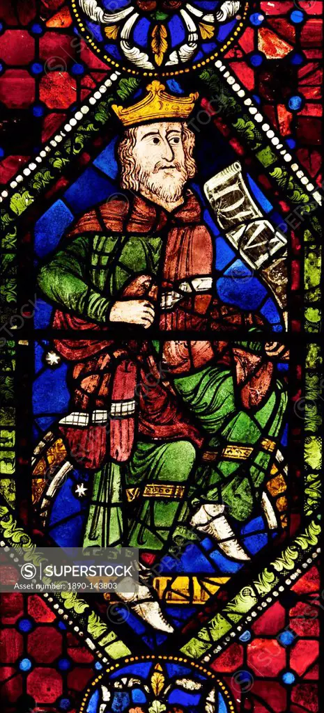 Medieval stained glass of King David, Ancestors or Geneaology of Christ, South Window, Canterbury Cathedral, UNESCO World Heritage Site, Canterbury, K...