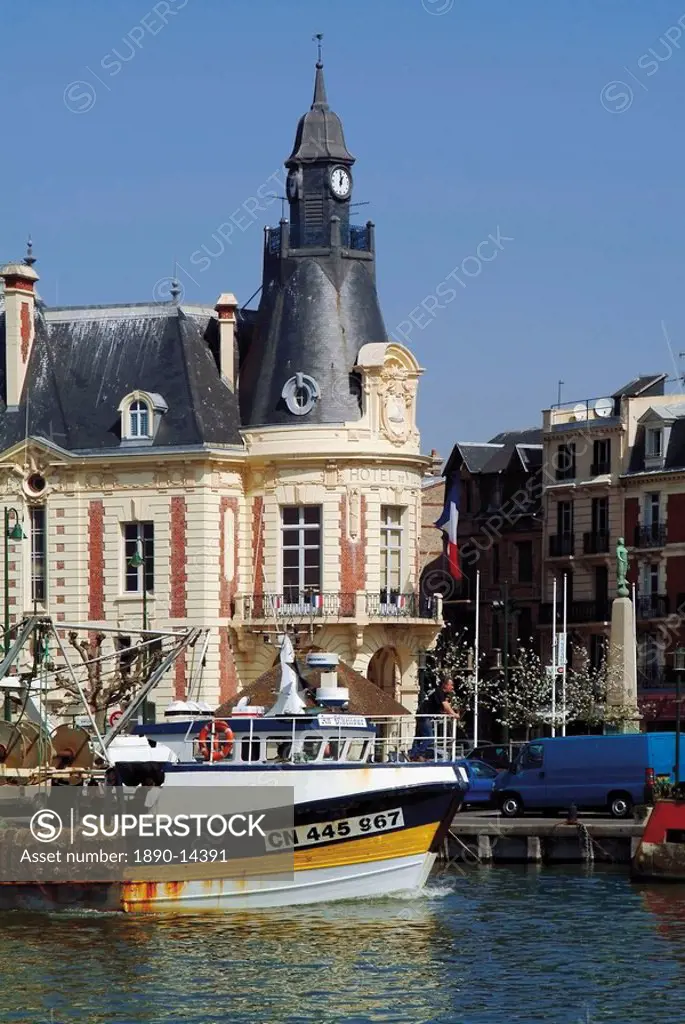 Hotel de Ville town hall and fishing boats at mouth of the River Touques, Trouville, Calvados, Cote Fleurie, Normandy, France, Europe