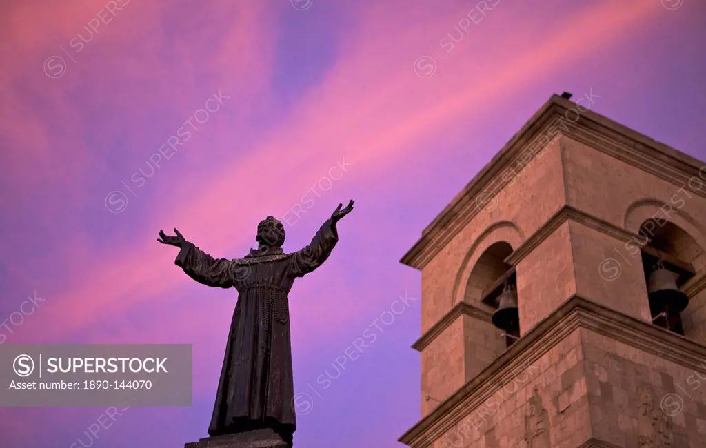 Statue of Saint Francis in front of Iglesia de San Francisco at twilight, Arequipa, peru, peruvian, south america, south american, latin america, lati...
