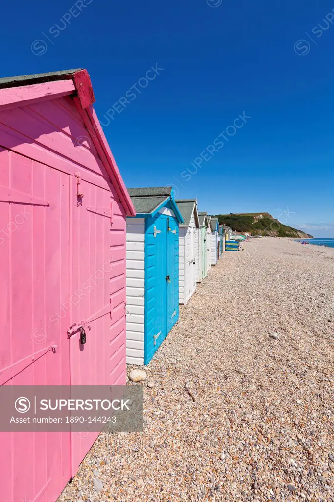 Multicoloured beach huts at Seaton, a small seaside town on the Devon Heritage Coast, Jurassic Coast, UNESCO World Heritage Site, Devon, England, Unit...
