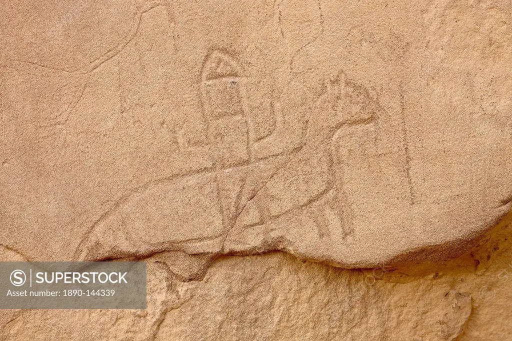 Soldier riding a horse petroglyph, Chetro Ketl, Chaco Culture National Historical Park, UNESCO World Heritage Site, New Mexico, United States of Ameri...