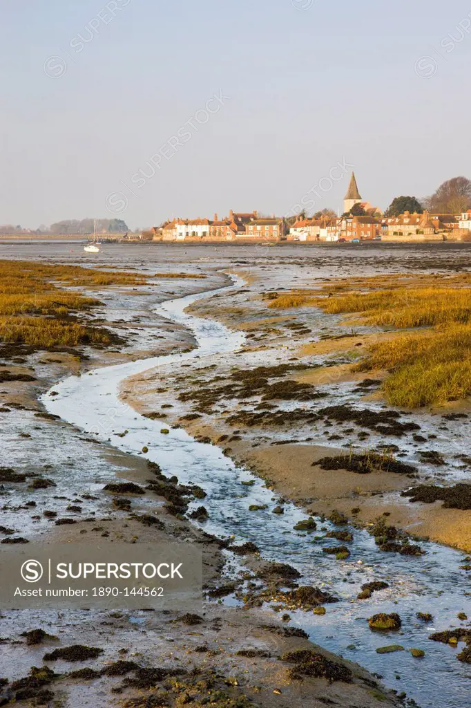 Low tide in Chichester Harbour, looking across to the ancient village of Bosham, West Sussex, England, United Kingdom, Europe