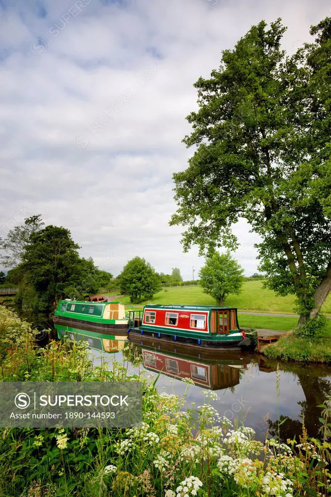 Narrowboats on the Monmouthshire and Brecon Canal near Llanfrynach, Brecon Beacons National Park, Powys, Wales, United Kingdom, Europe