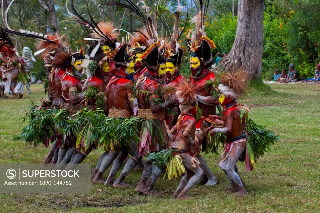 Colourful dressed and face painted local tribes celebrating the traditional Sing Sing in Paya, Papua New Guinea, Melanesia, Pacific