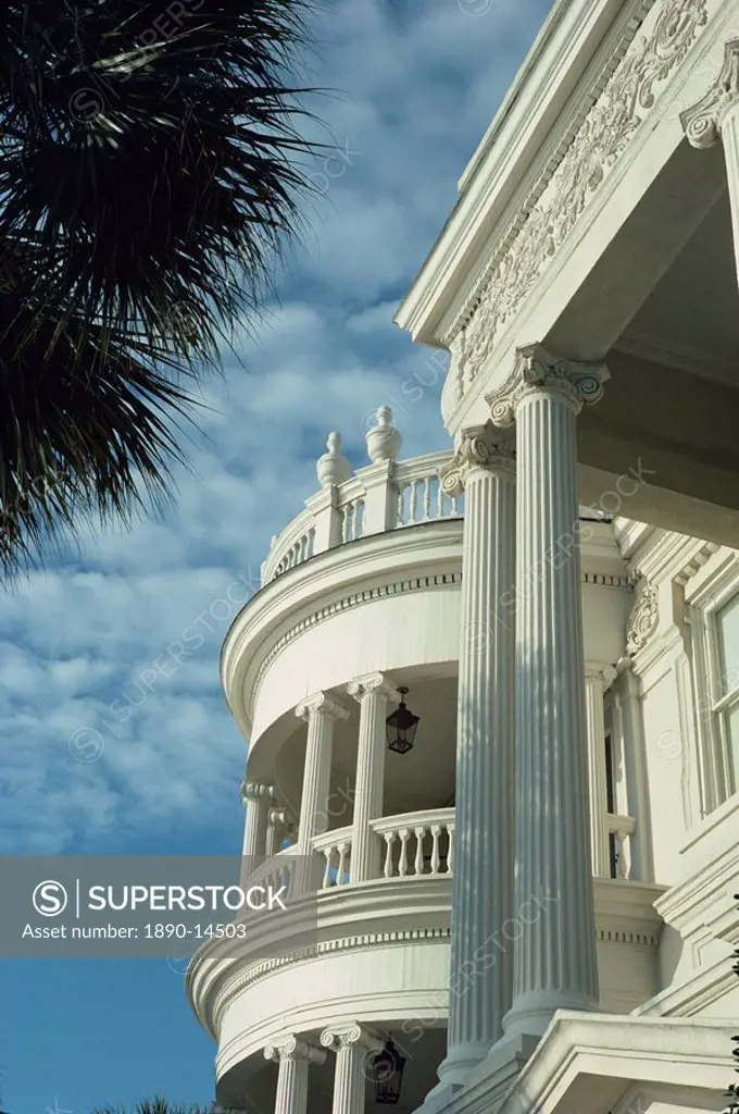 Detail of portico and Ionic columns of 25 East Battery, Charleston, South Carolina, United States of America, North America