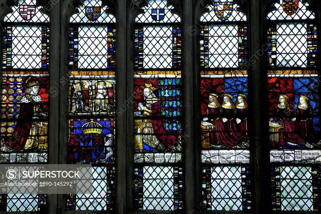 Medieval stained glass in the Royal Window, Northwest Transept, Canterbury Cathedral, UNESCO World Heritage Site, Canterbury, Kent, England, United Ki...