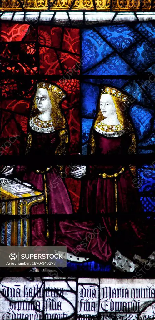 Medieval stained glass depicting Elizabeth of York and Cecily, Royal Window, Northwest Transept, Canterbury Cathedral, UNESCO World Heritage Site, Can...