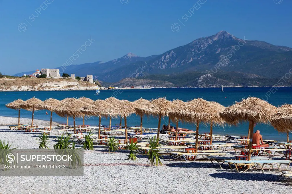 View over beach to Pythagorion castle, Potokaki, Samos, Aegean Islands, Greece