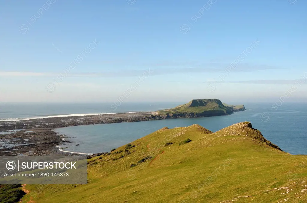 The Worm´s Head with causeway exposed at low tide, Rhossili, The Gower peninsula, Wales, United Kingdom, Europe