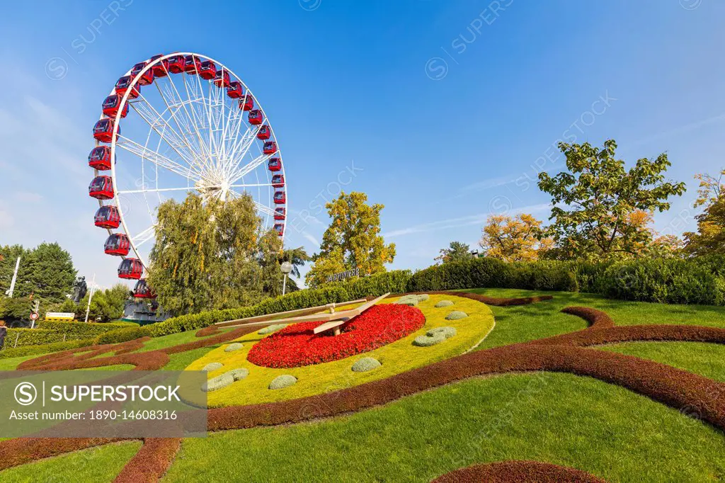 Ferris Wheel and L'horloge fleurie (flower clock), Jardin Anglais park, Geneva, Switzerland, Europe
