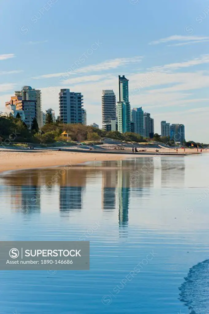 Reflections of high rise buildings at Surfers Paradise Beach, Gold Coast, Queensland, Australia, Pacific