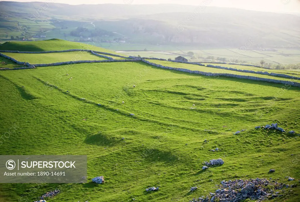 Remnants of Celtic settlement on limestone bench, Hill Castles, Wharfedale, Yorkshire Dales National Park, Yorkshire, England, United Kingdom, Europe