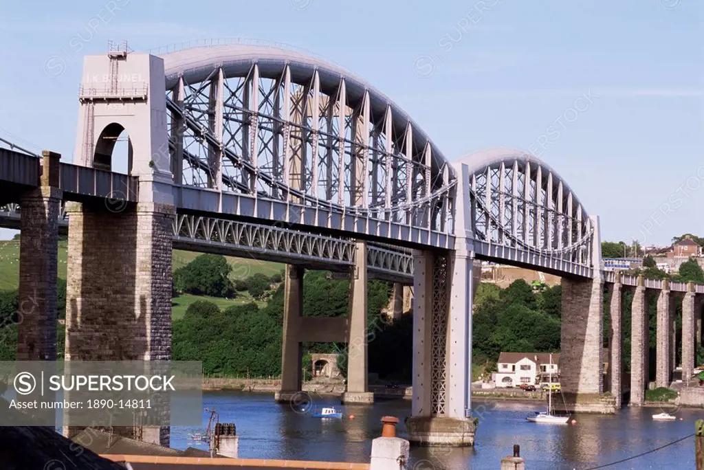 Saltash railway bridge over River Tamar, built by Brunel, Cornwall, England, United Kingdom, Europe
