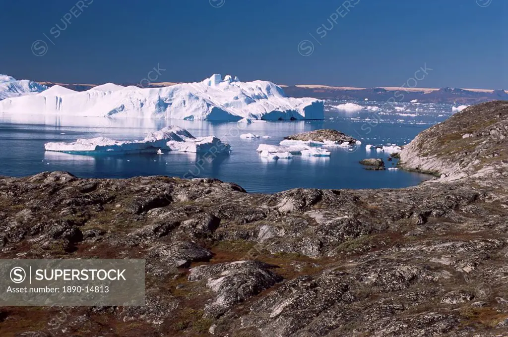 Icebergs from the Kangia Ice Fiord seen from hills above Sermermiut, Ilulissat Jacobshavn, west coast, Greenland, Polar Regions