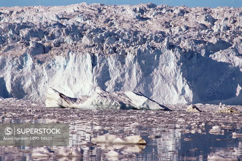 Eqip Glacier, major outlet from inland ice forming icebergs in arm of Disko Bay, west coast, Greenland, Polar Regions