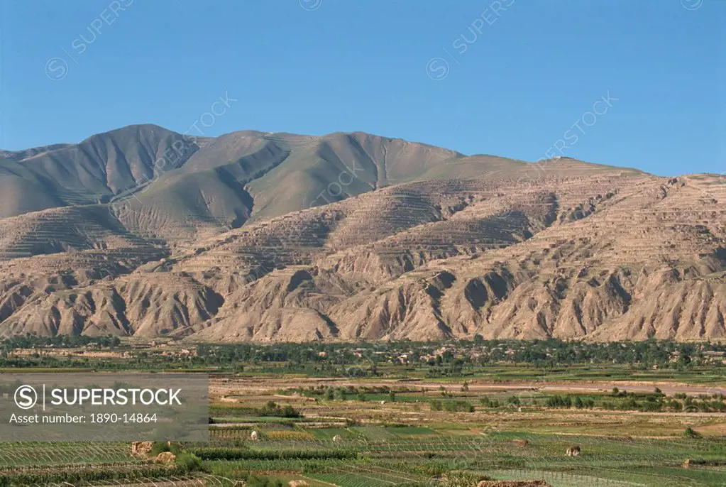 Yellow River loesslands, gullied and terraced hillsides, Gansu Province, China, Asia