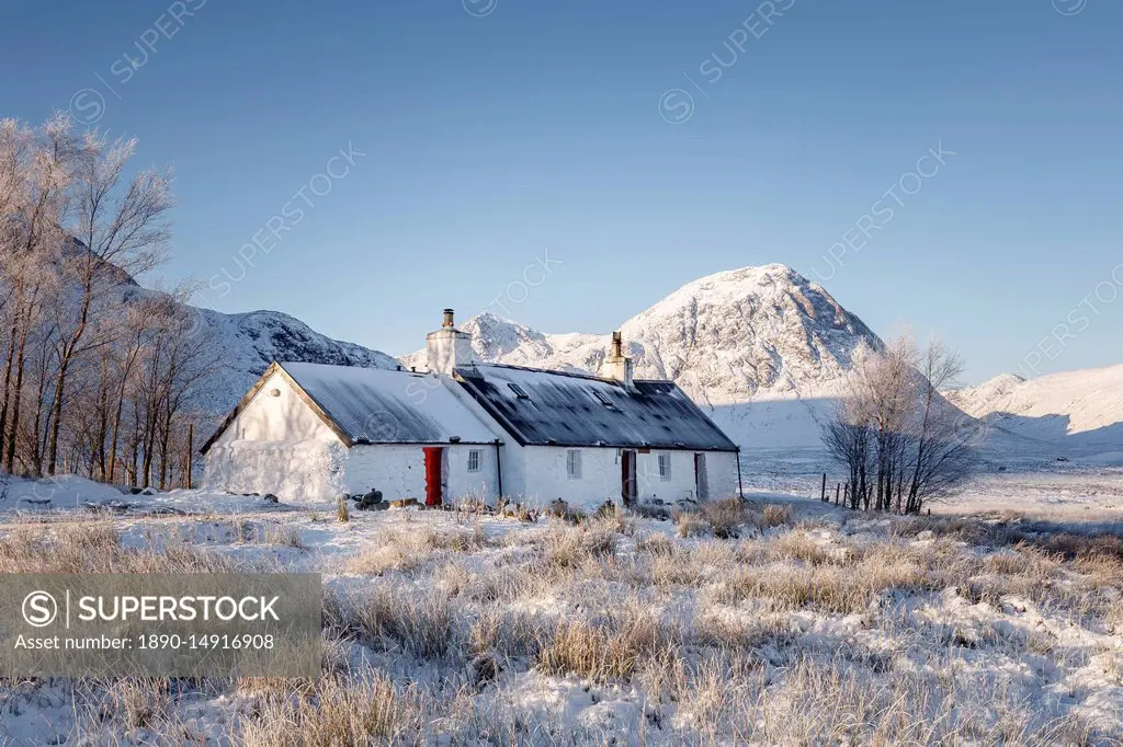 A wintery scene at Black Rock cottage and Buachaille Etive Mor on Rannoch Moor, Highlands, Scotland, United Kingdom, Europe